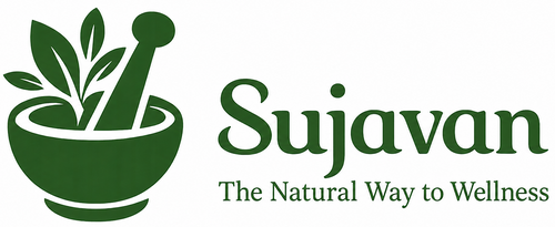 A green logo featuring a mortar and pestle with leaves on the left, alongside the text 'Sujavan' and 'The Natural Way to Wellness' on a plain white background.